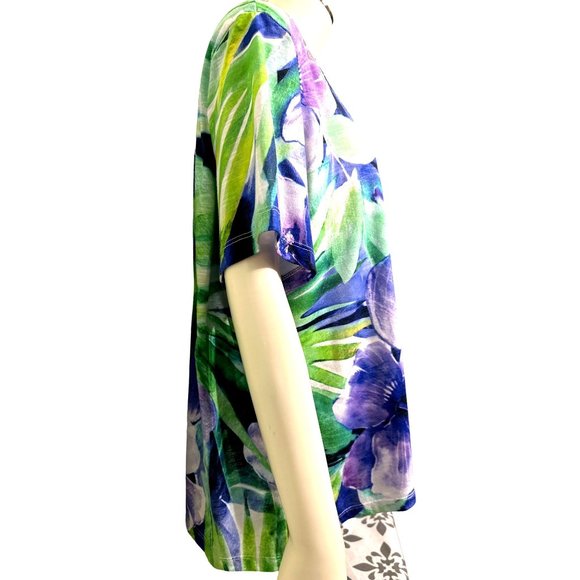 Alfred Dunner Purple & Green Floral Knit Short Sleeve Blouse Size PXL - Picture 3 of 8
